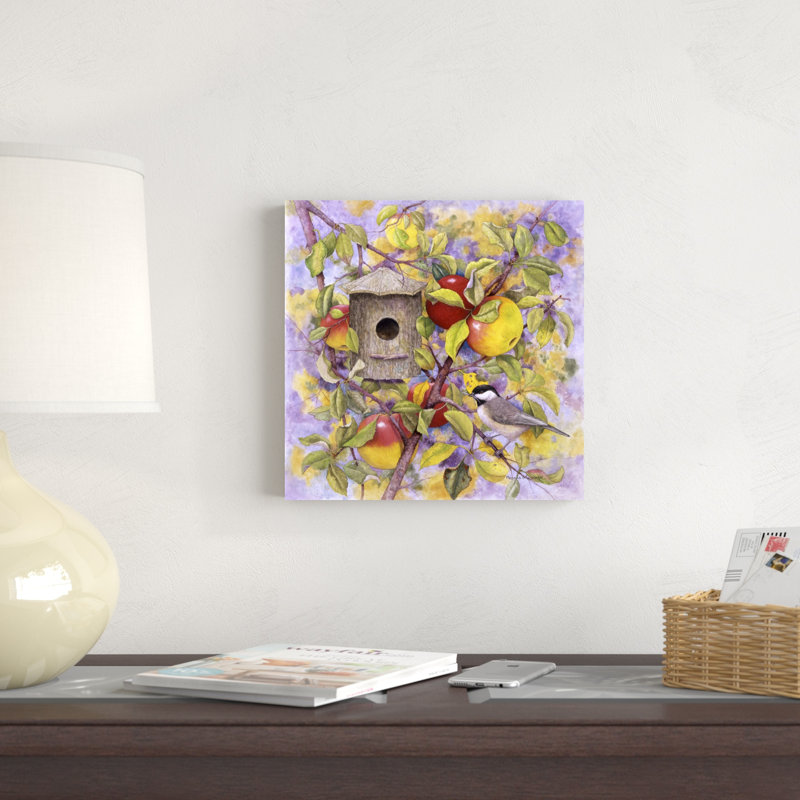 Mésange et pommes, H 12 po x l 12 po x P 1,25 po