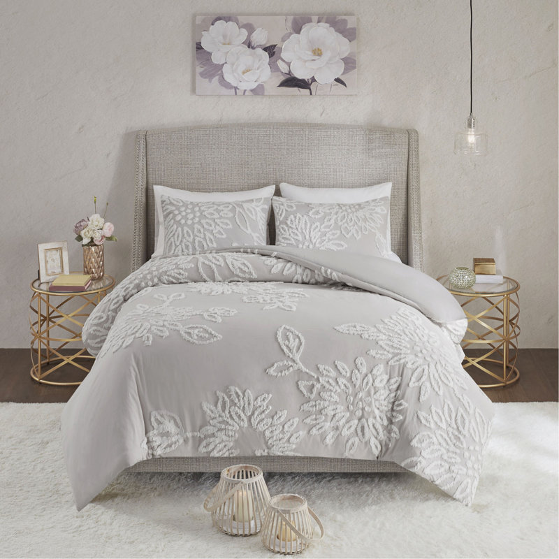 Ensemble d'édredon 3 pièces en chenille de coton touffeté à motif floral gris chaud / blanc double / grand, Gris chaleureux