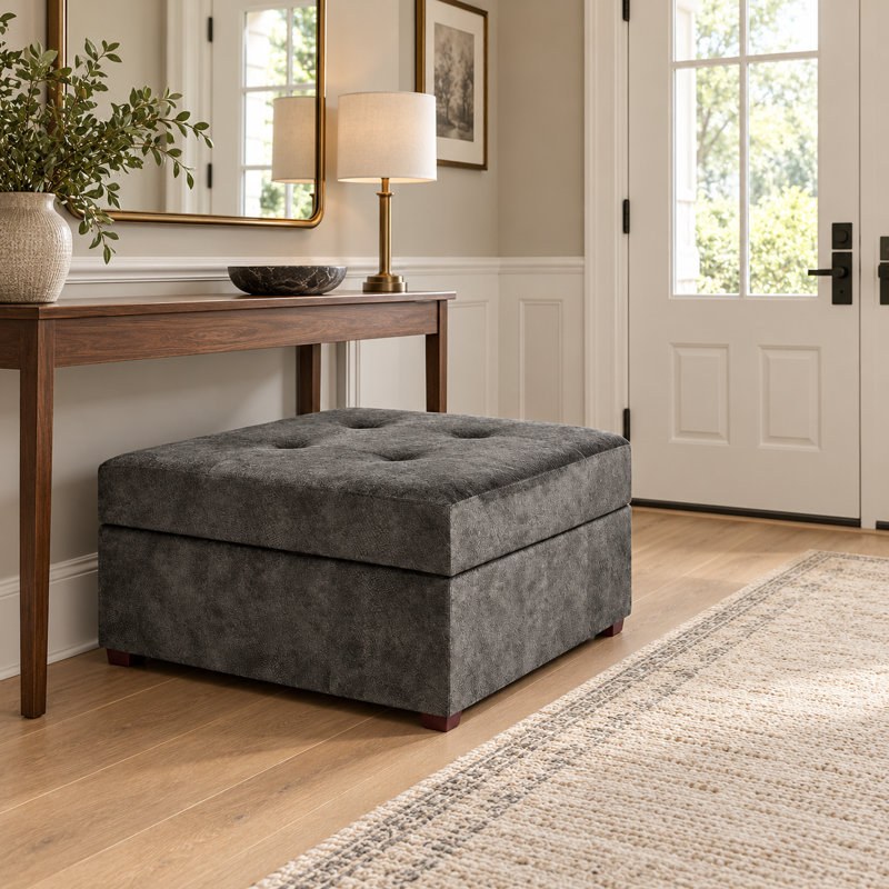 28.3" Square Fabric Upholstered Storage Ottoman For Living Room, Dark Gray Fabric