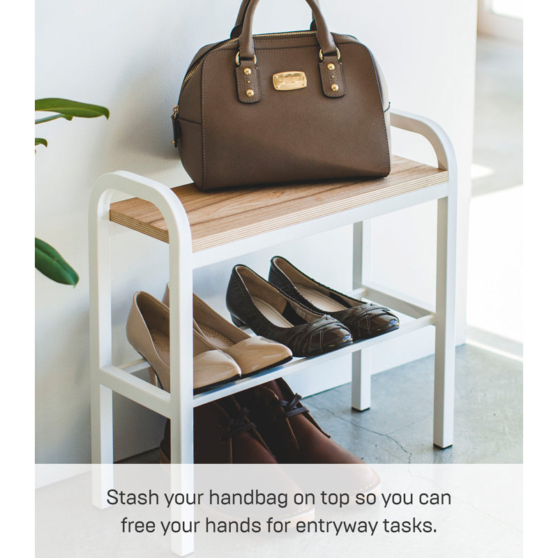 White Steel and Wood Entryway Shoe Organizer Bench with Storage