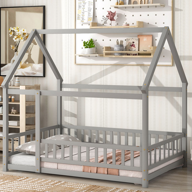 Lit de plancher en bois avec cadre de toit de maison, garde-corps de clôture, Lit double, Gris