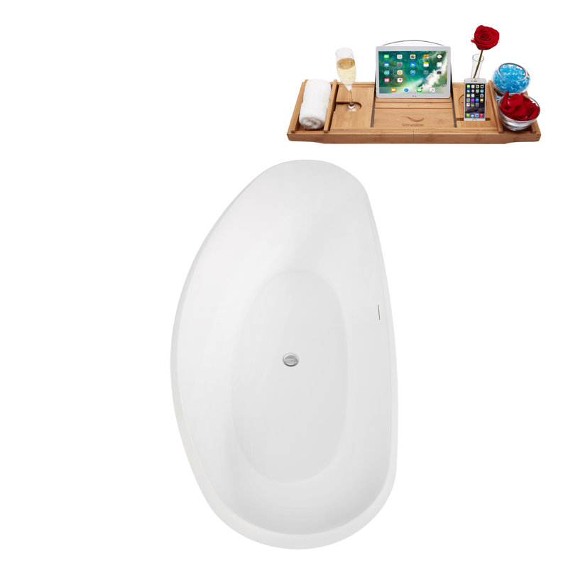Baignoire autoportante en acrylique blanc brillant 75 ", plateau en bambou, drain, Chrome poli