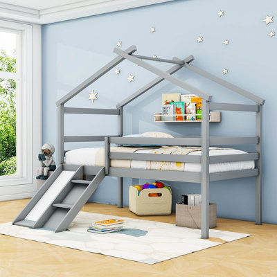 Twin Wooden Low Loft Bed With Slide And Ladder