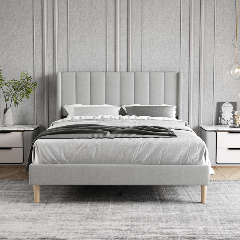 Upholstered Wingback Bed, Light Gray, King