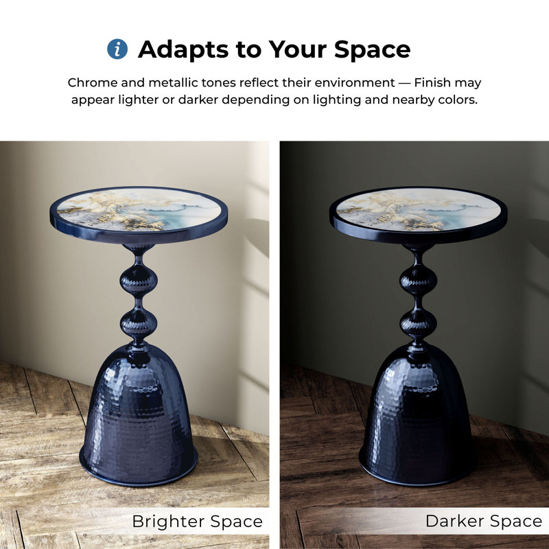 Cheryll Metal Side Table With Ocean Marble-Pattern Top And Hammered Base