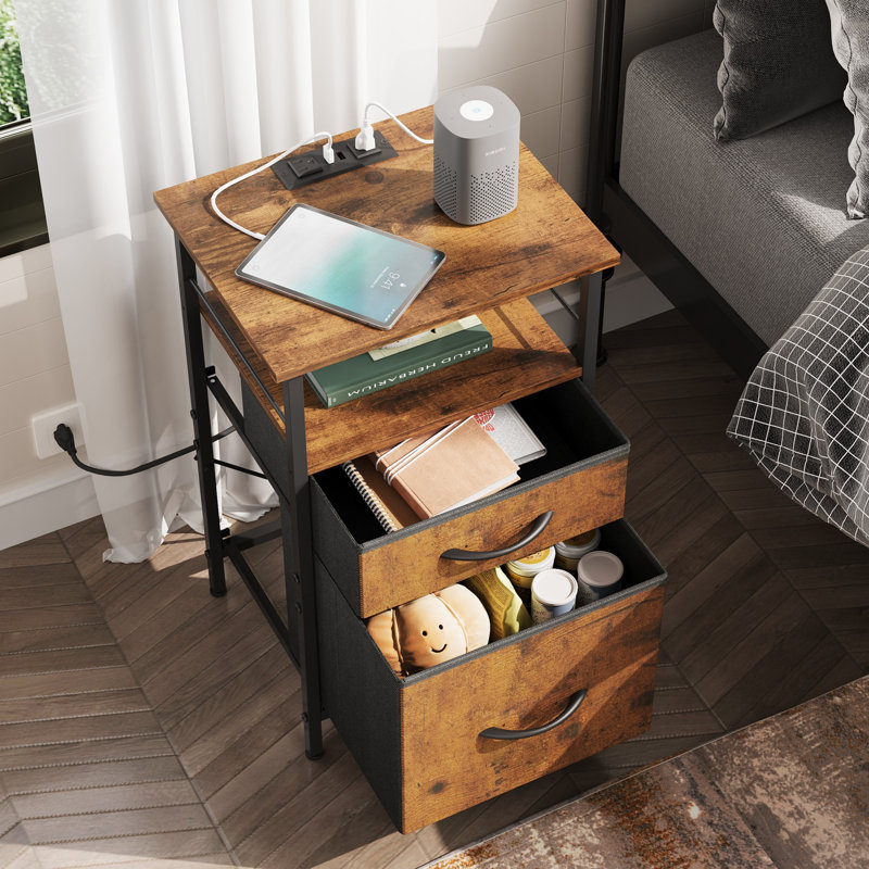 Tables de chevet 2 tiroirs Travison avec station de charge (ensemble de 2), ports USB et prises de courant, tables de chevet modernes avec tablette ouverte et rangement pour la chambre à coucher et le salon 