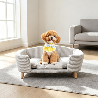 Structure de lit pour chien surélevée pour petits chiens, canapé en velours côtelé avec pieds en bois d'hévéa et mousse de soutien, assemblage facile