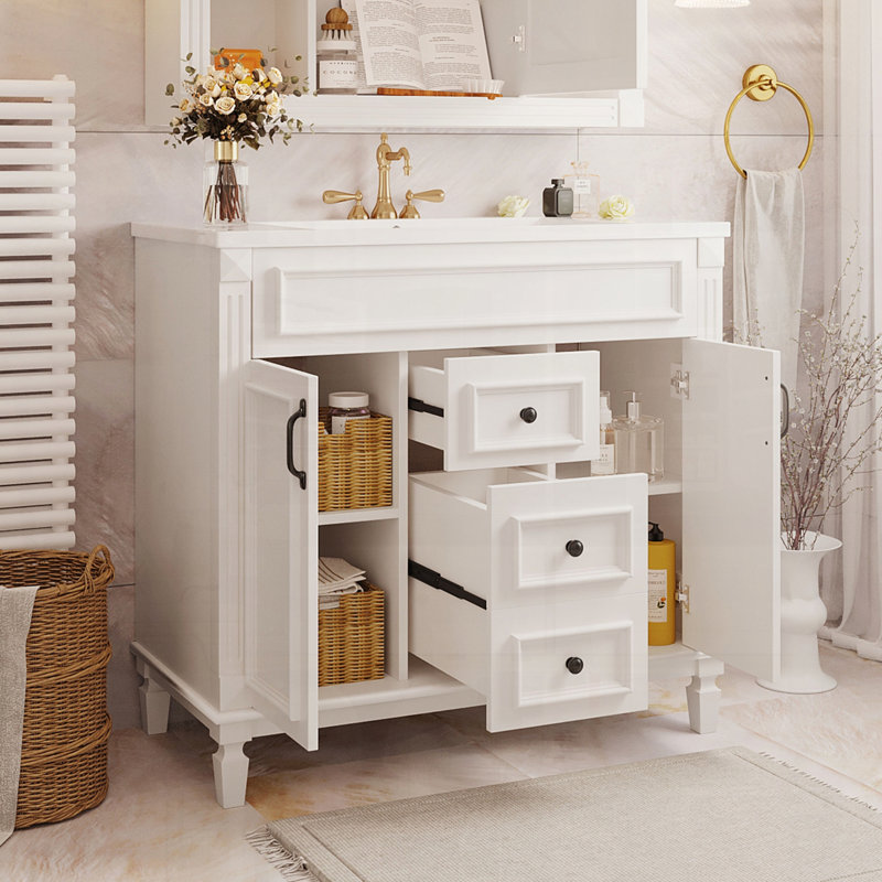 Meuble-lavabo moderne avec lavabo supérieur et tiroirs à fermeture en douceur, Blanc