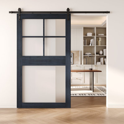 48x84 Navy Color 5-Lite Frosted Glass Design Finished Unassembled Solid Wood Sliding Barn Door Only