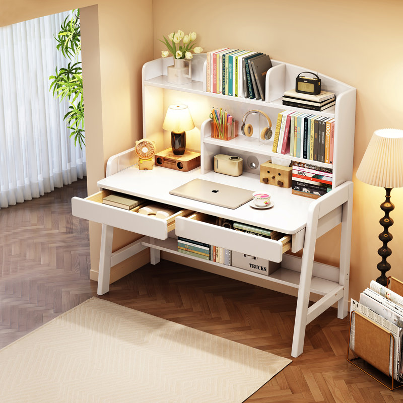 Kids Desk Rectangle Writing Desk Child Computer Learning Desk With Hutch, White