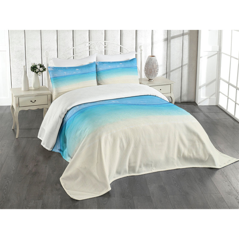 King Size White Quilted Bedspread Set with Coastal Print