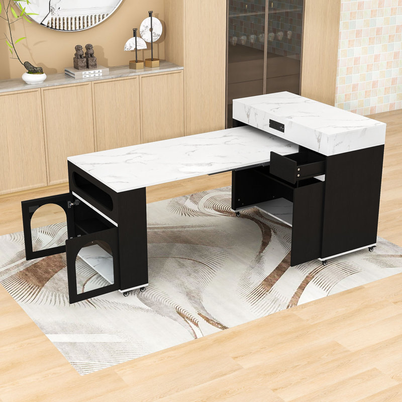 Mobile Kitchen Cart with Extendable Tabletop, Built-In Power Outlet, Hidden Storage and Locking Wheels, Black/Marble White