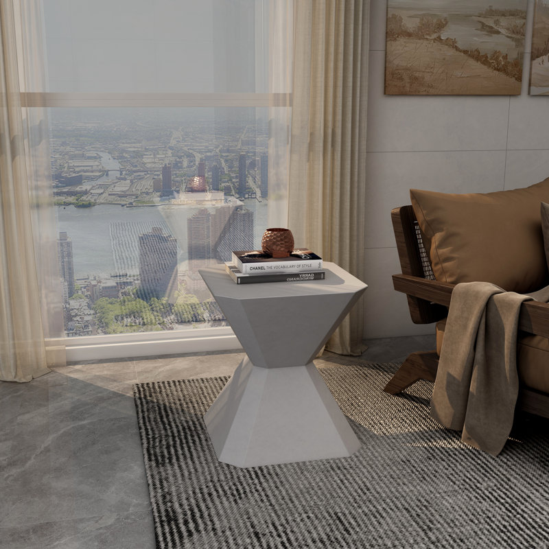 Chlora 17" Wide Side Table, Fiberstone Accent Table with Round Stone Top, Modern End Table for Living Room, Bedroom, Patio or Garden, Indoor Outdoor Design