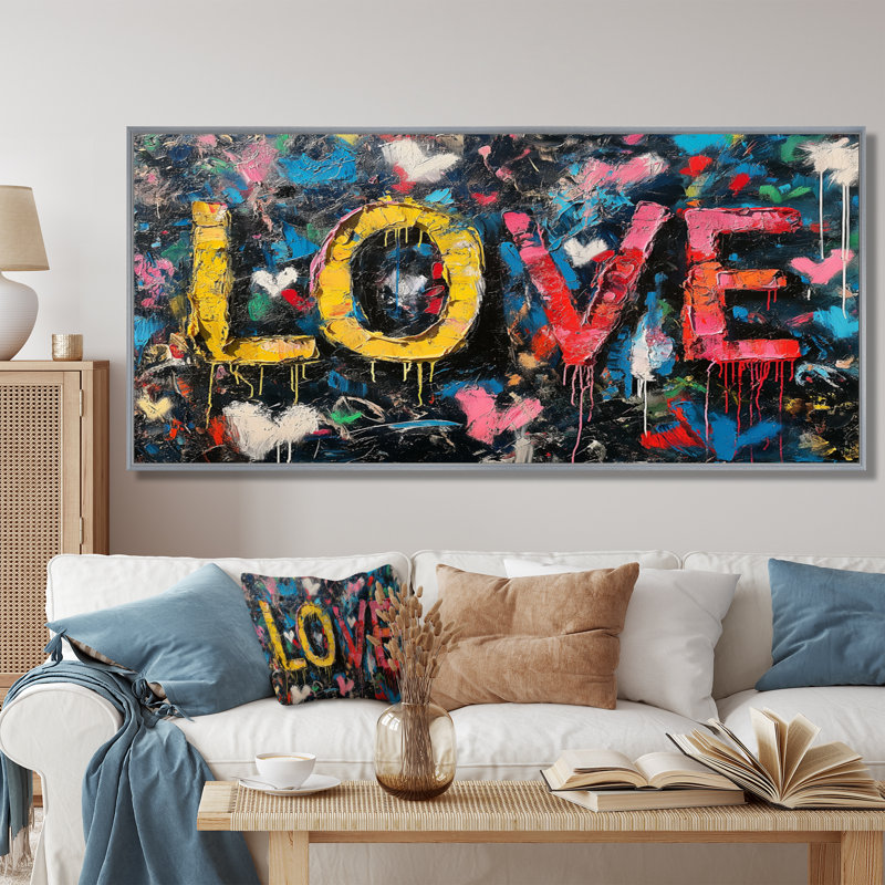 Love Pop Art Graffiti Artwork - Pop Art Wall Art Living Room, Toile argentée avec cadre flottant