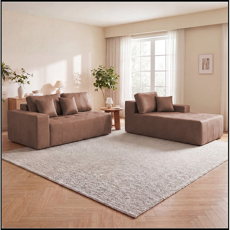 Canapé modulaire en similicuir avec méridienne et dossier moelleux, Marron foncé