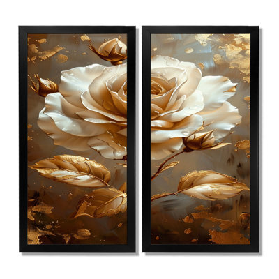 «Gilded White Rose Golden Glam Leaves», art mural encadré rose, impression sur toile florale blanche 2 panneaux