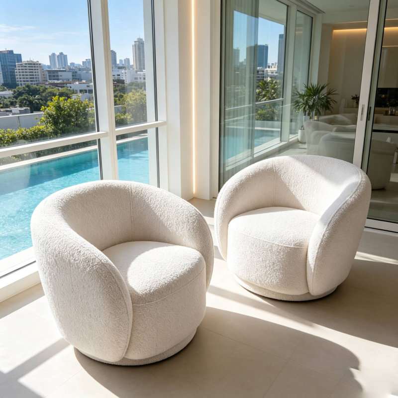 Fauteuil demi-tonneau pivotant avec siège large rembourré 360 ° Boucle, ensemble de 2, Blanc, 2