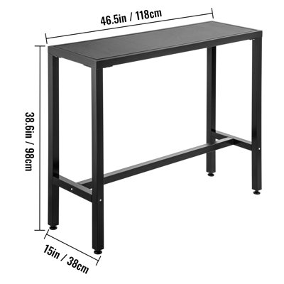 Table de bar d'extérieur, L 46,5 po x l 15 po x H 38,6 po, station de pub rectangulaire à hauteur étroite, comptoir haut robuste en métal avec pieds réglables, pour patio, balcon, salle à manger, bistro, jardin, noir