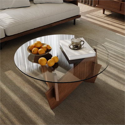 Table basse de salon en brun riche avec plateau en verre trempé, table d'appoint ronde de 35,4 pouces