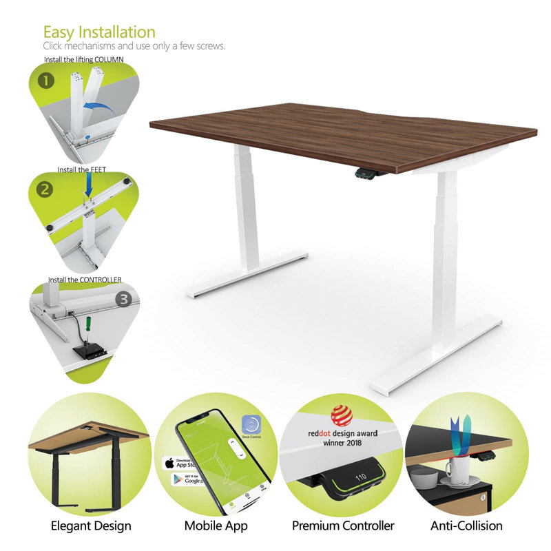 Linak DF2 Standing Desk Adjustable Metal Base Standing Desk, Walnut, White