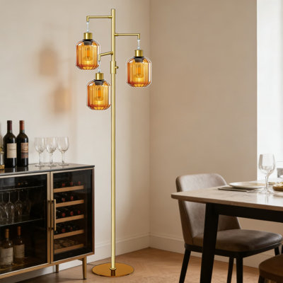 Modern Mid-Century Tree Floor Lamp With Amber Glass Shade, Dimmable Standing Lamp With 3 LED Bulbs For Living Room, Bedroom, And Office