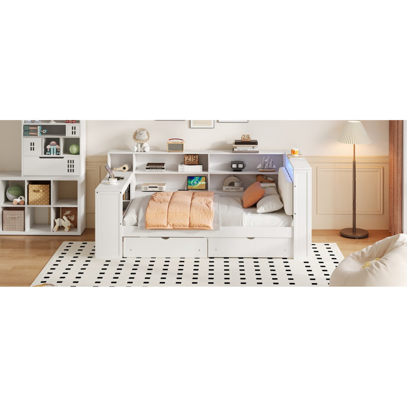 Twin Size Platform Bed In Wood, With Upholstered Headboard, Storage Shelves, Drawers, Charging Station, Led Lights And Table, White + Beige Wood - Sized Comfortable Head, Charging,