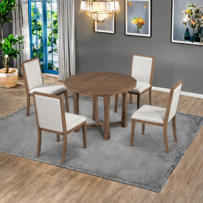 Ensemble de table de salle à manger extensible 5 pièces pour 4 personnes, table de salle à manger ronde pour 4 personnes avec chaises rembourrées, ensemble de table de cuisine de ferme avec rallonge amovible pour la salle à manger et la cuisine