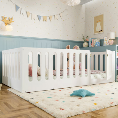 Twin Size Floor Bed With High Fence And Door For Kids, Solid Wood Montessori Bed, Low-Profile Design, No Box Spring Needed