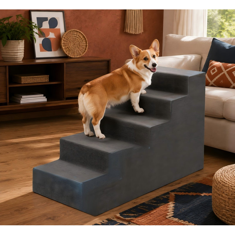 Escalier pour animaux de compagnie à 5 marches de 58 cm de hauteur, idéal pour les petits chiens souhaitant accéder aux paniers en hauteur ; marches antidérapantes et housse lavable
