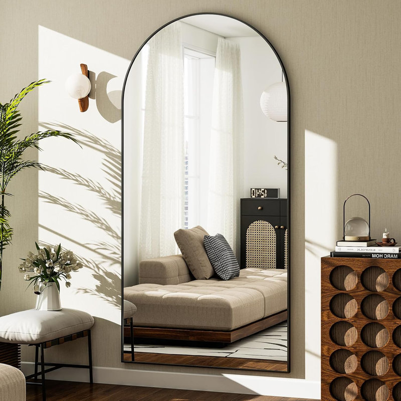 Arched Full Length Wall Mirror With Aluminum Alloy Frame - High Definition Floor Mirror For Bedroom Or Living Room - Shatterproof Glass - Modern Frameless Design