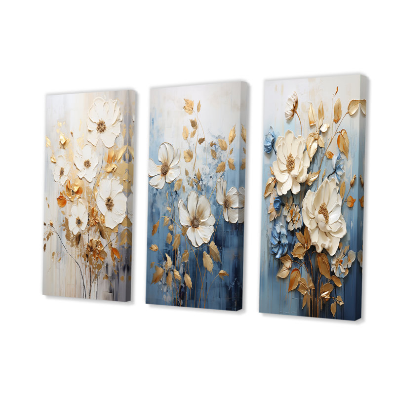 Ensemble de salon mural beige et bleu avec fleurs saisonnières, Toile tendue, H 32 po x l 48 po