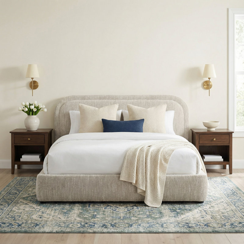 Paola Upholstered Panel Bed, Beige, Queen