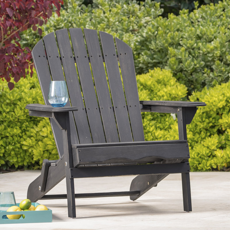 Acacia Wood Outdoor Folding Adirondack Chair, Dark Gray