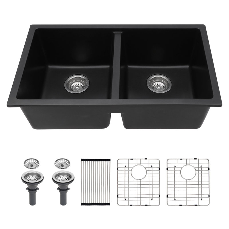 Évier de cuisine à double cuve encastrable 33 po L, Bronze industriel-noir