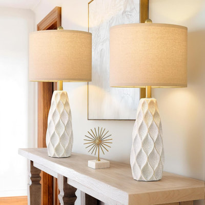 Lot de 2 lampes de table en céramique, lampes de chevet modernes de style bohème champêtre avec finition blanche, lampes de lecture vintage pour chambre, salon, bureau et dortoir
