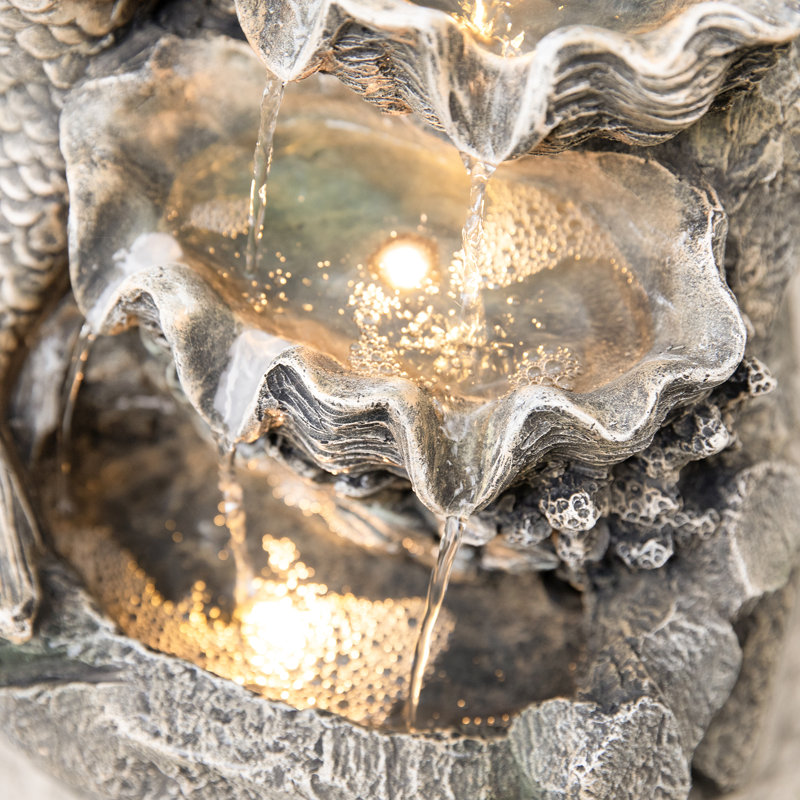 Fontaine d'extérieur 22,25 "à 4 niveaux en sirène de béton avec pompe et lumière DEL (KD)