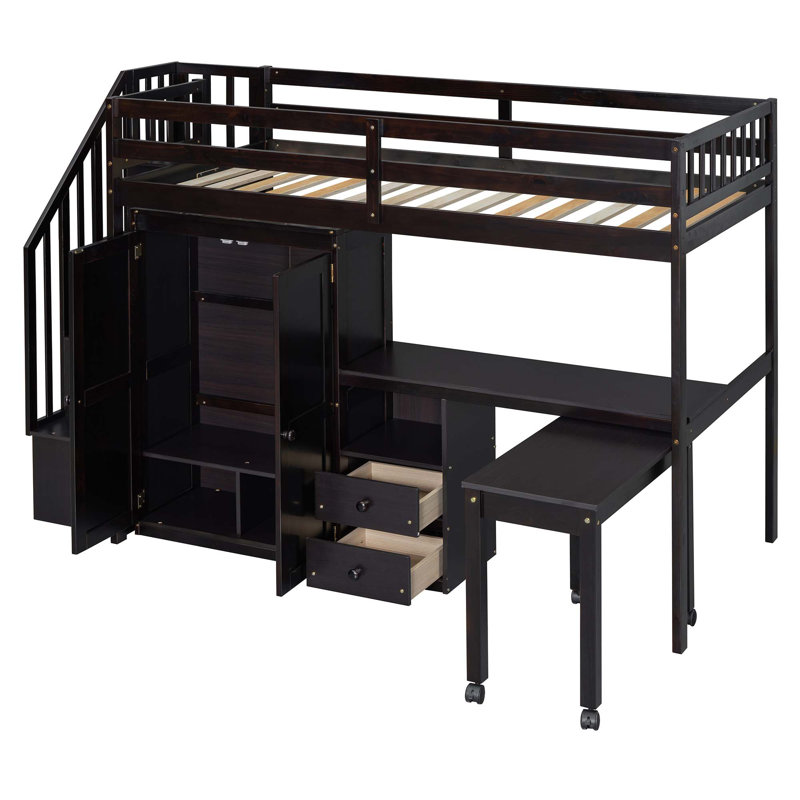 Loft Bed with Stairs, Bookshelf, Drawers, Desk & Wardrobe, Twin, Espresso