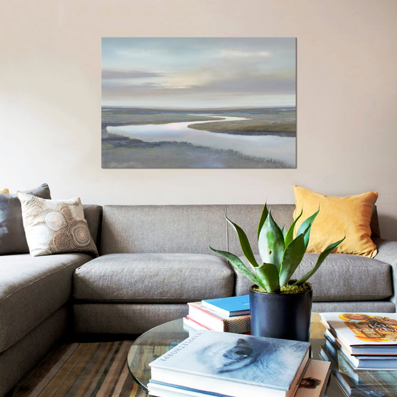 « riverbend iv », impression sur toile, H 18 po x l 26 po x P 1,5 po, Toile avec cadre noir, Blanc