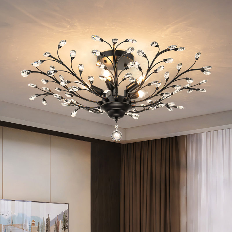 Jamei 5-Light Vintage Crystal Branch Semi-Flush Mount, Matte Black