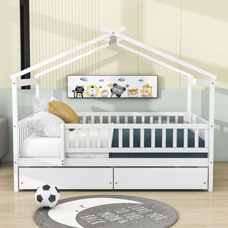 Lit en bois en forme de maison, Double, Blanc
