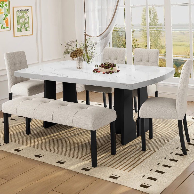 Ensemble de table de salle à manger 6 pièces, table de salle à manger avec 4 chaises rembourrées et 1 banc, Blanc