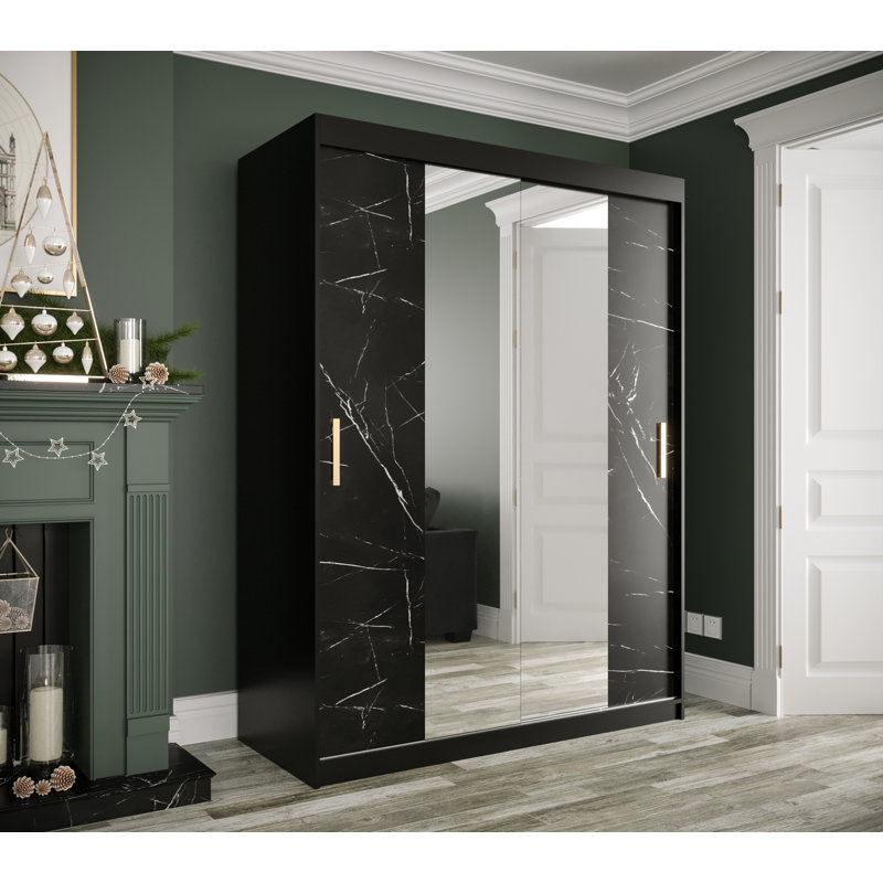 Alynn Manufactured Wood Wardrobe, 200cm H x 100cm W x 62cm D, White Matt/White Marble