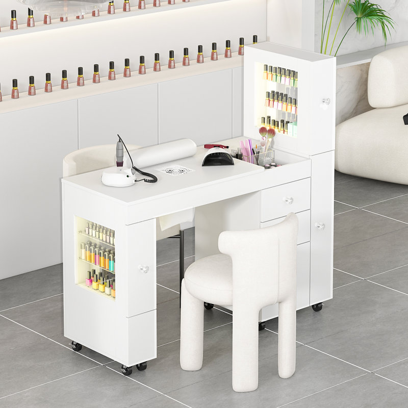 Professional Manicure Table Nail Desk with Dual Display Shelves, Locking Wheels, Wrist Cushion, and Built-in Dust Collector