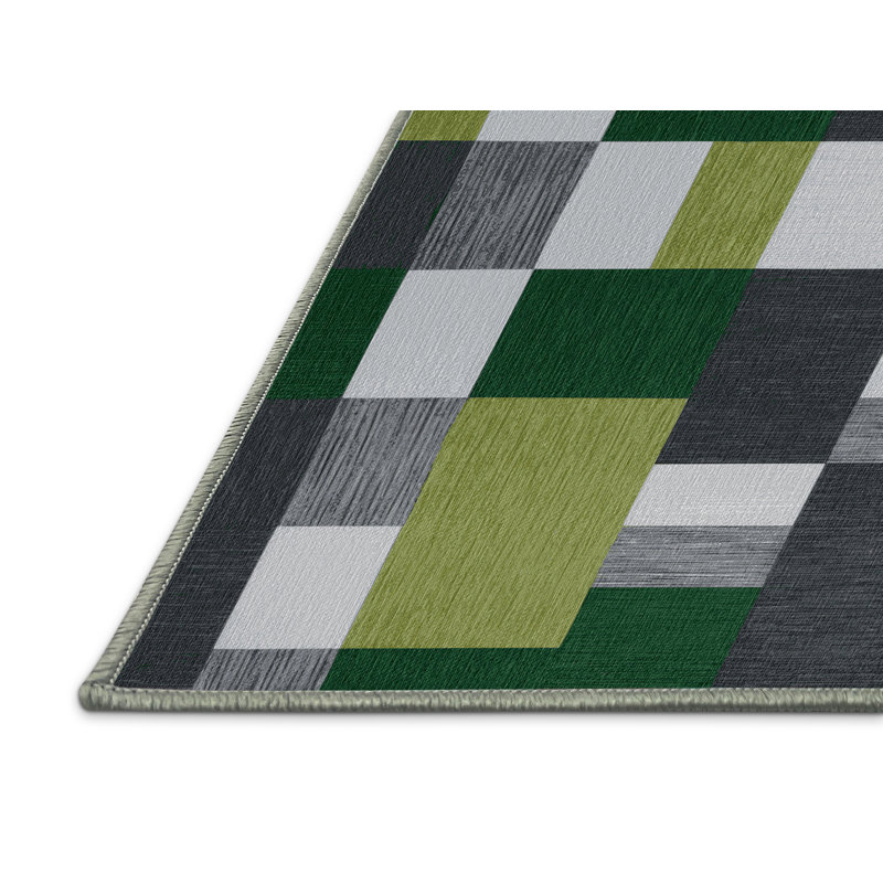 Machine Washable Checkered Green Area Rug, Runner 2' x 4'