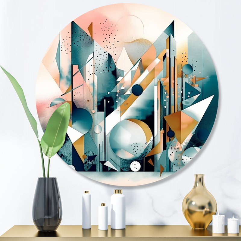 Blue And Pink Embracing Cubism II - Abstract Minimalism Round Wall Art on Metal, 23" H x 23" W x 1" D