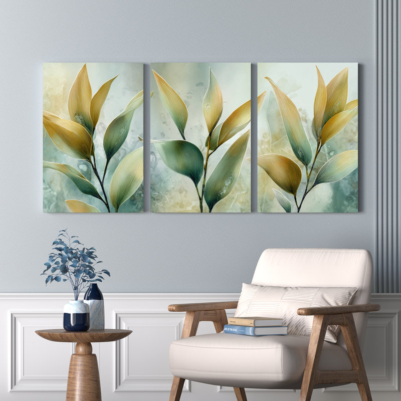 Ensemble de 3 tableaux abstraits sur toile, motif de feuilles et nature, pour la décoration du salon et de la chambre.
