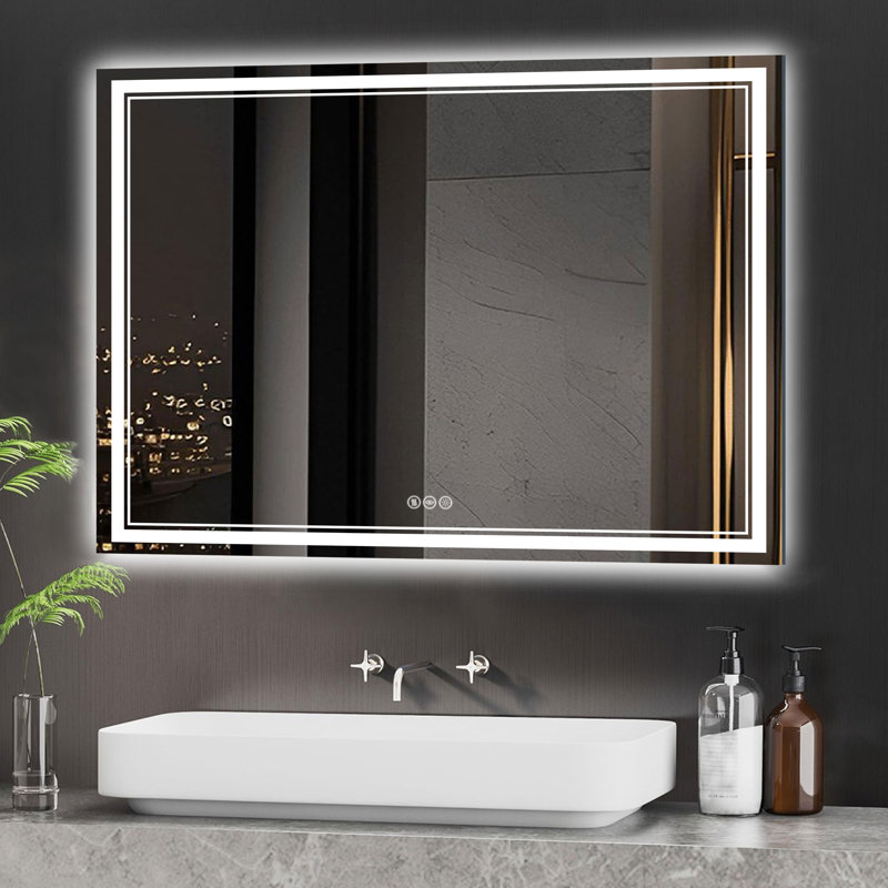 Anti-fog Tempered Glass LED Bathroom Mirror, 3 Color Temperature with Front and Backlight, Rohs and CRU Compliant, Rectangle
