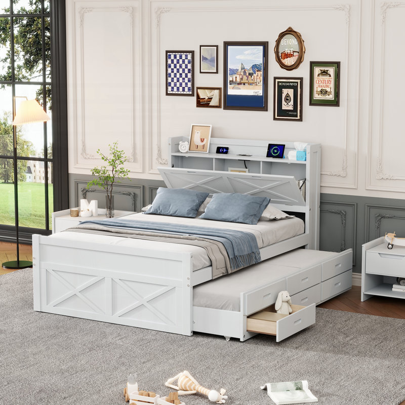 Lit double en bois massif et manufacturé pleine grandeur avec tête de lit à rangement avec prises, lit extensible avec lit gigogne simple avec trois tiroirs de rangement, blanc