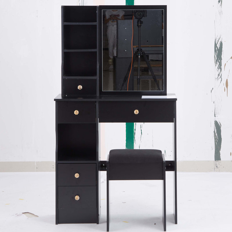 Petite coiffeuse avec tiroir de gauche et tabouret rembourré, très grand miroir coulissant, multi-couches, commode de rangement haute capacité, convient aux petits espaces, certificat EPA, GCC, UL
