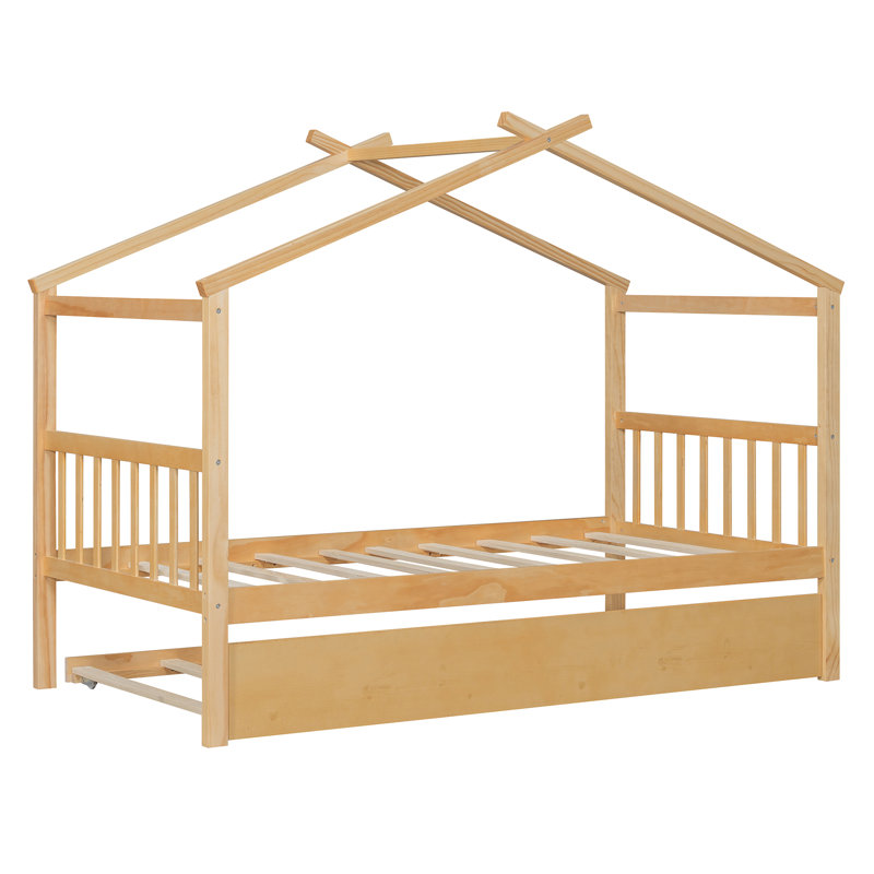 Lit simple en bois avec lit gigogne - Lit plateforme pour enfants en bois de pin massif, naturel, Naturel